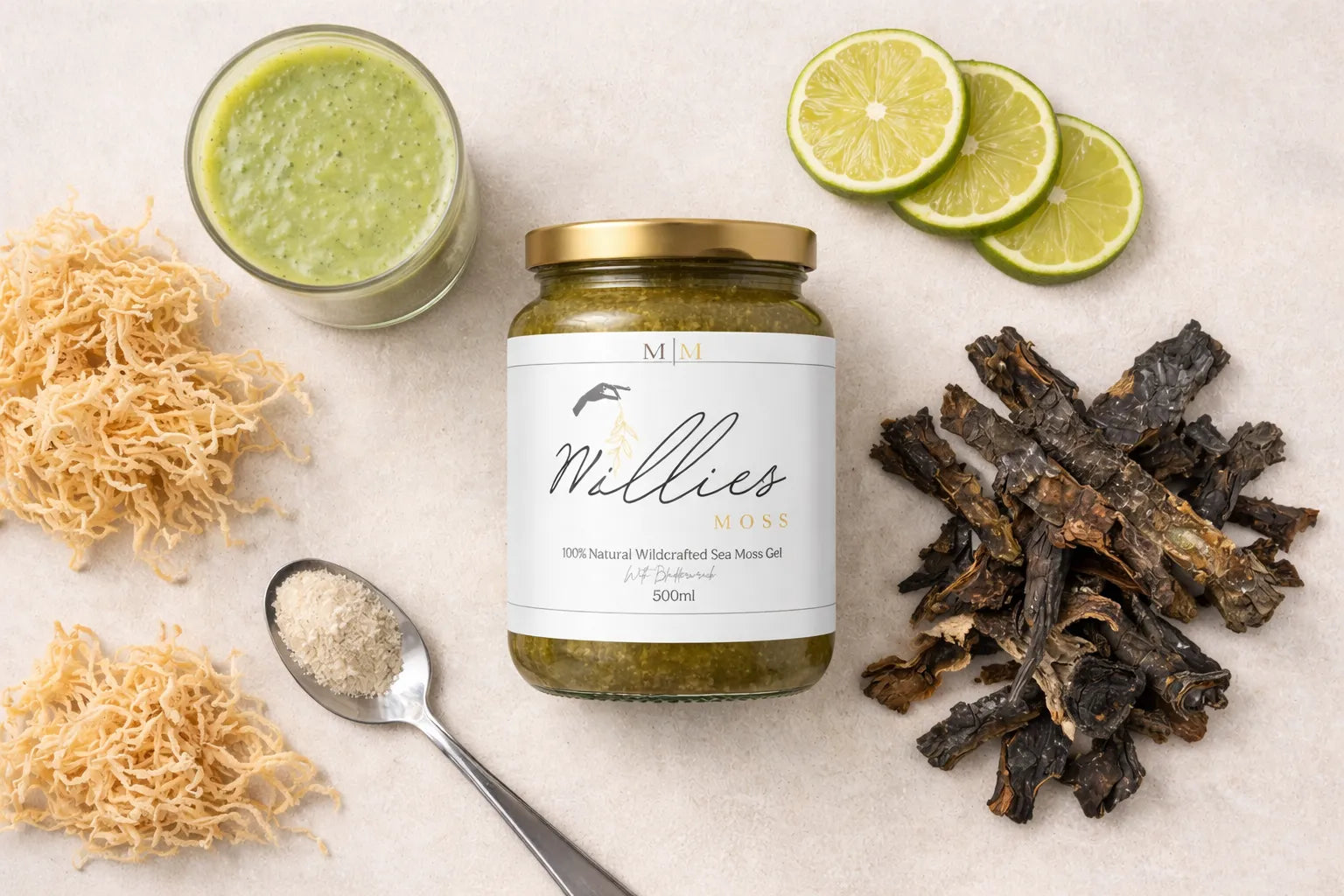 Sea moss gel jar surrounded by raw sea moss lime slices and blended sea moss smoothie ingredients