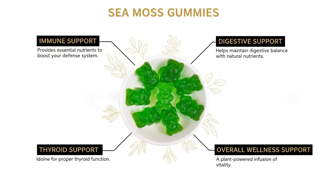 Sea moss gummies benefits infographic showing immune support digestive health mineral nutrition thyroid support and overall wellness