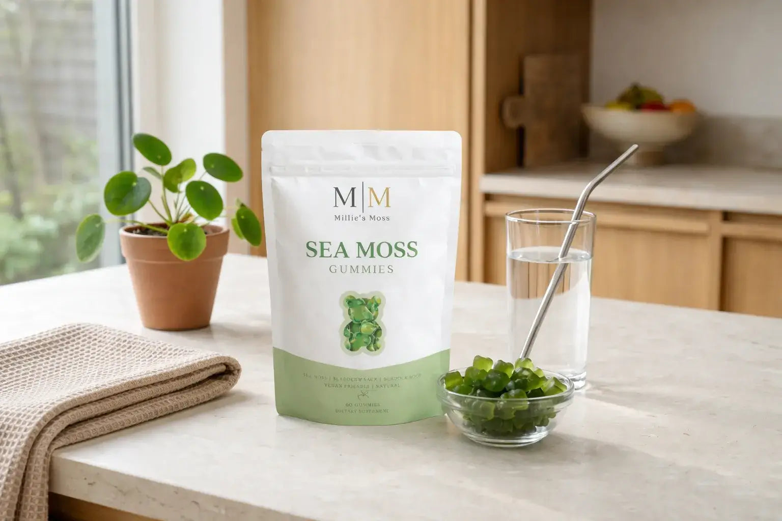 Millies Moss sea moss gummies supplement pouch on kitchen counter with bowl of green gummies and glass of water