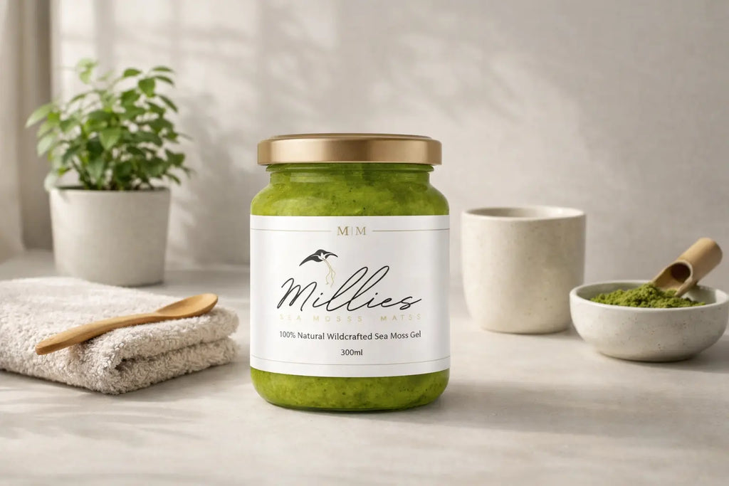 Jar of Millies sea moss matcha gel with matcha powder spoon wellness drink and minimalist background