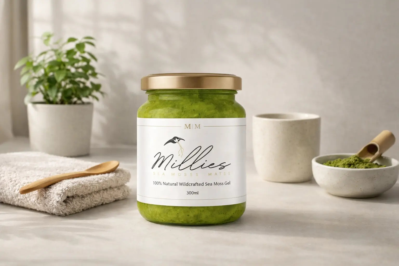 Jar of Millies sea moss matcha gel with matcha powder spoon wellness drink and minimalist background