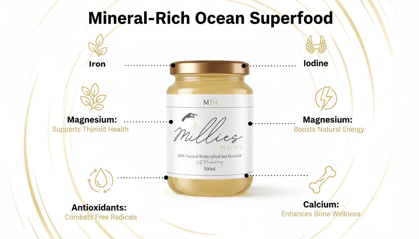 Sea moss gel mineral infographic showing iodine, magnesium, iron, calcium and antioxidant content