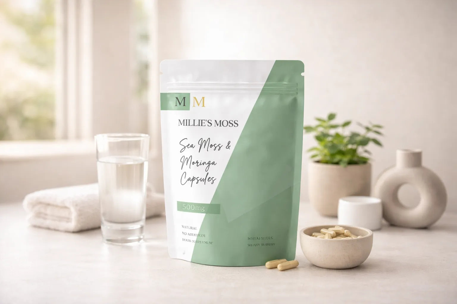 Millie’s Moss sea moss and moringa capsules displayed with a glass of water in a clean wellness setting.