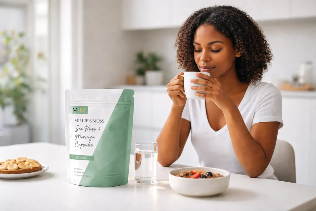 Woman enjoying tea during a morning wellness routine with Millie’s Moss sea moss and moringa capsules on the table.