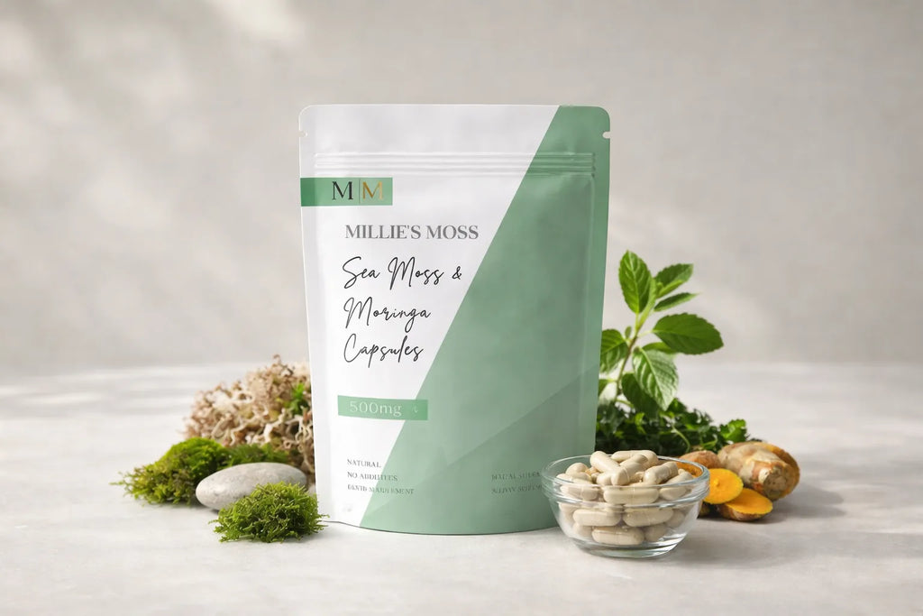 Millie’s Moss sea moss and moringa capsules displayed with natural herbal ingredients.