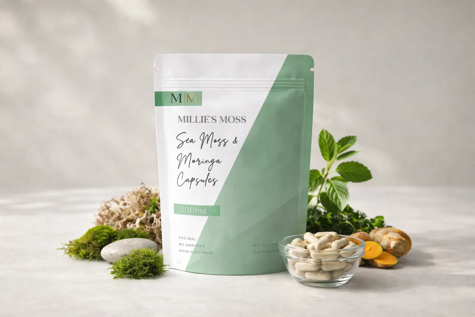 Millie’s Moss sea moss and moringa capsules displayed with natural herbal ingredients.
