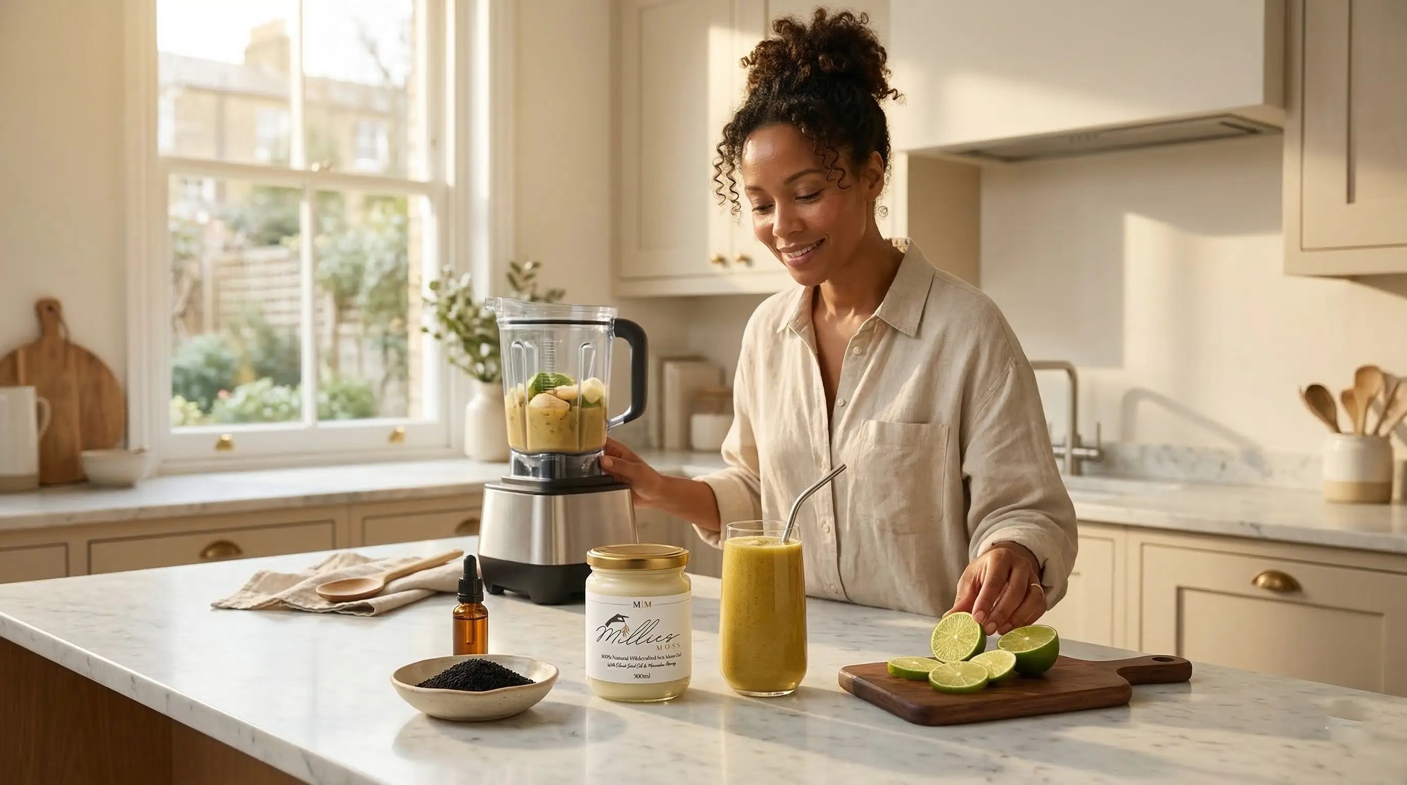 Woman making a smoothie with sea moss gel black seed oil and fresh lime in a bright kitchen