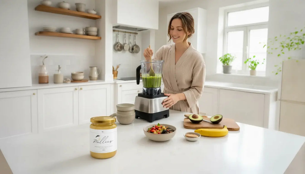 Woman preparing a healthy smoothie in a bright kitchen using sea moss gel as part of a wellness routine