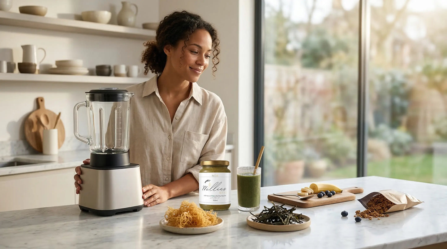 Woman preparing a green smoothie with sea moss gel in a blender on a kitchen counter