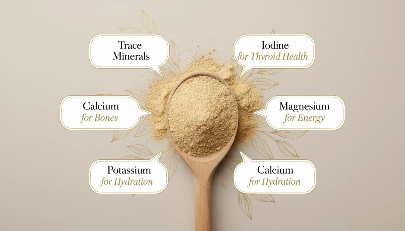 Sea moss powder infographic showing key minerals including iodine, magnesium, potassium, and calcium.
