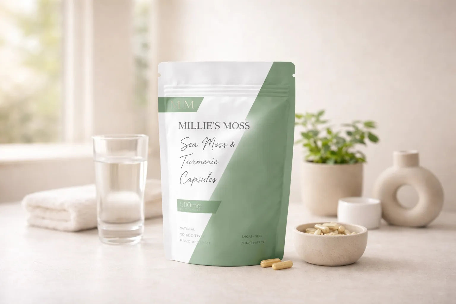 Millie’s Moss sea moss and turmeric capsules displayed with a glass of water in a clean wellness setting.