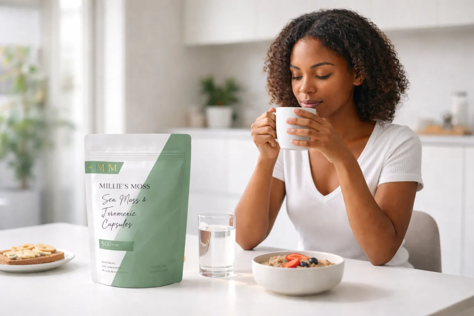 Woman enjoying tea during a morning wellness routine with Millie’s Moss sea moss and turmeric capsules on the table.