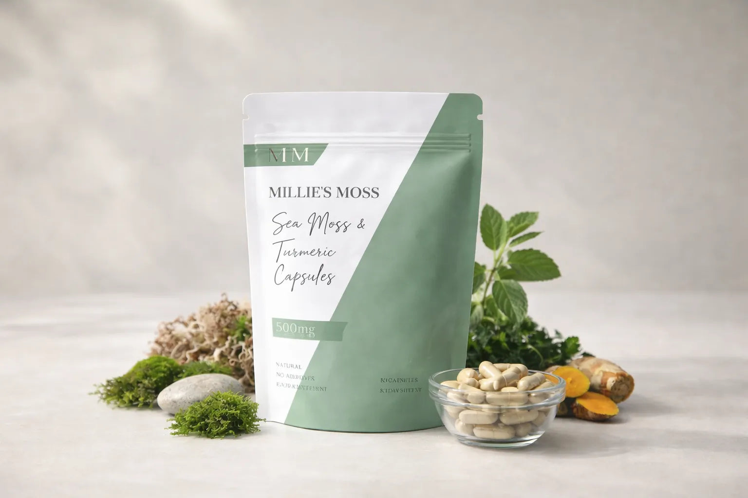 Millie’s Moss sea moss and turmeric capsules displayed with natural herbal ingredients.