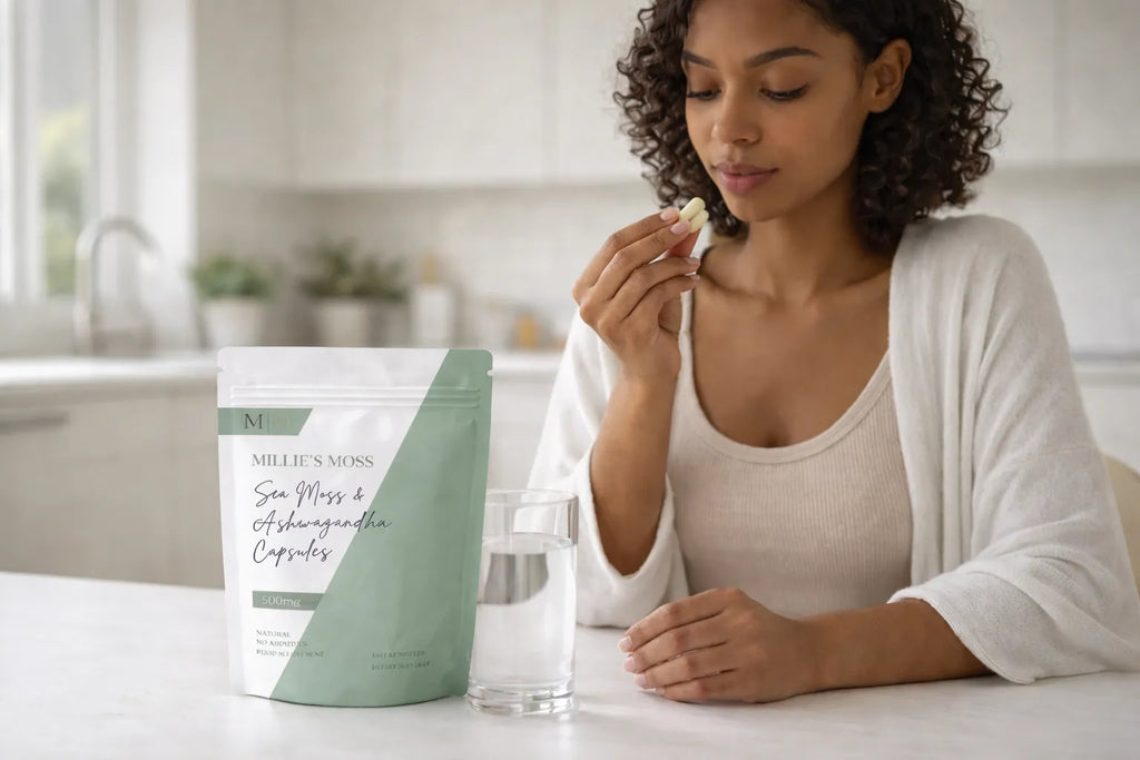 Woman taking sea moss and ashwagandha capsules with water as part of a healthy daily supplement routine.
