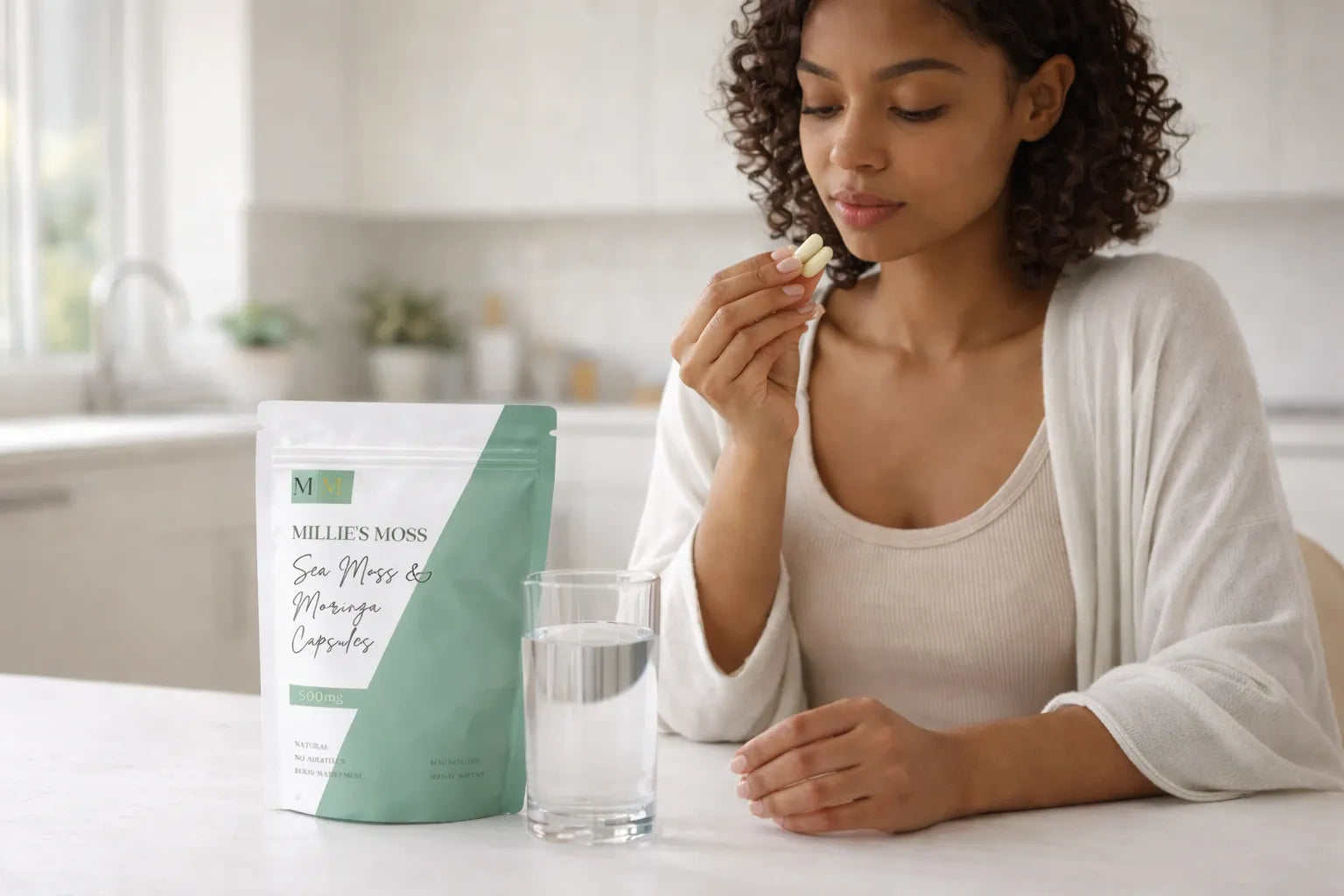 Woman taking sea moss and moringa capsules with water as part of a healthy daily supplement routine.