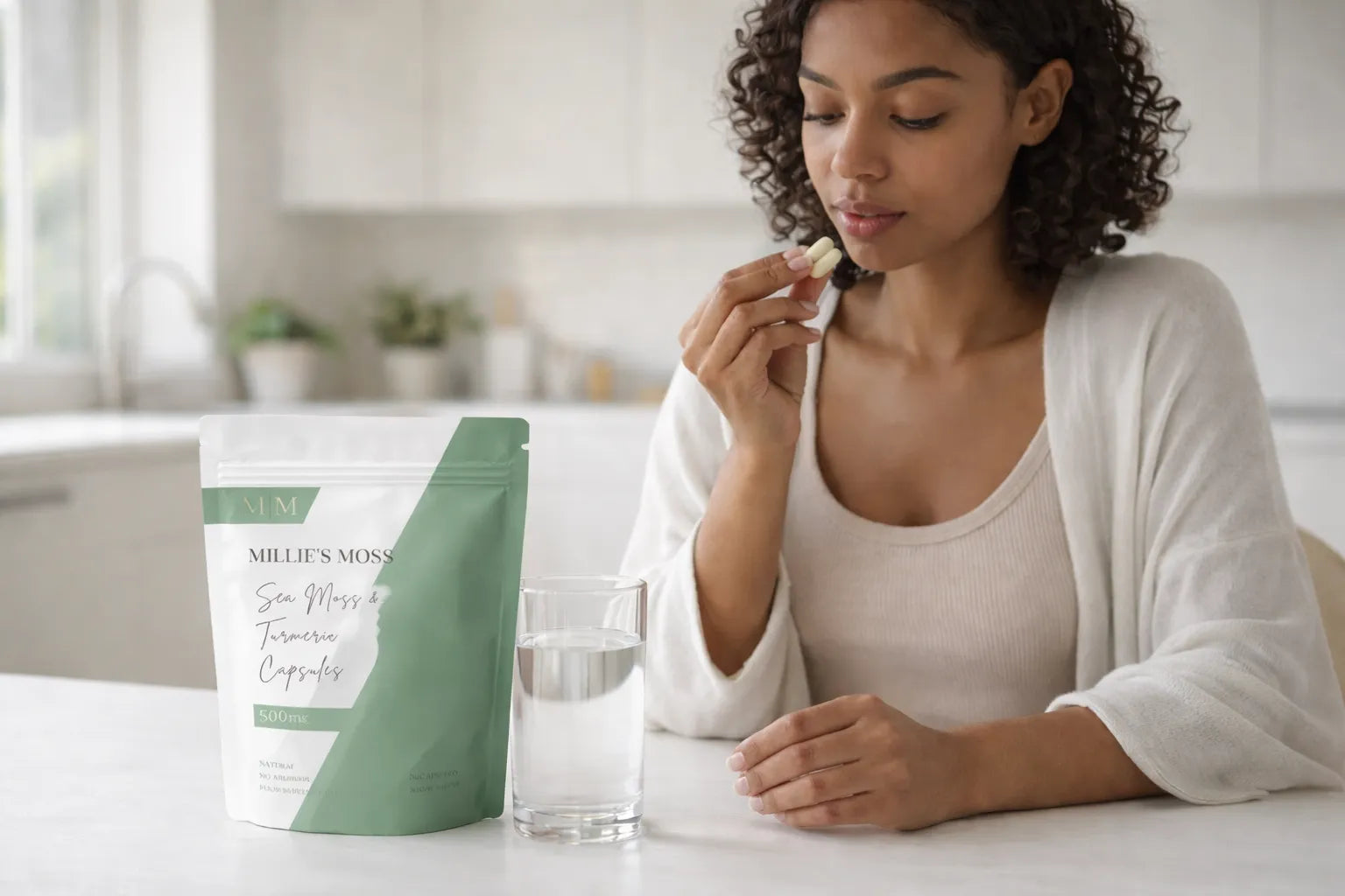 Woman taking sea moss and turmeric capsules with water as part of a healthy daily supplement routine.