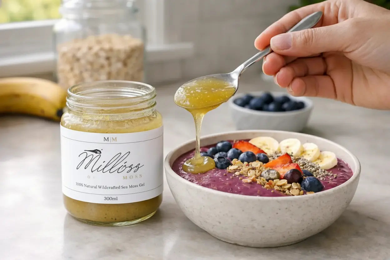 Sea moss gel being added to a smoothie bowl with berries, banana and granola