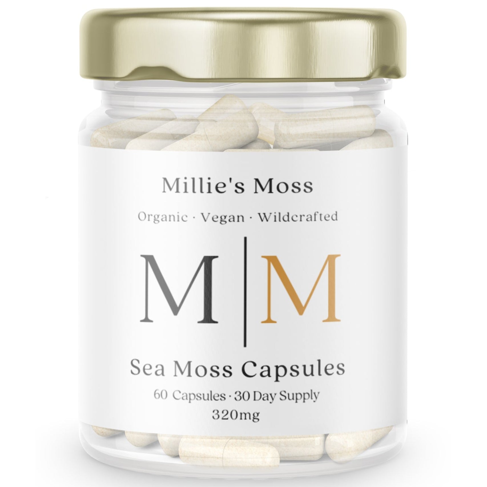 Millie's Moss Golden Sea Moss Capsules with a gold lid on a white background