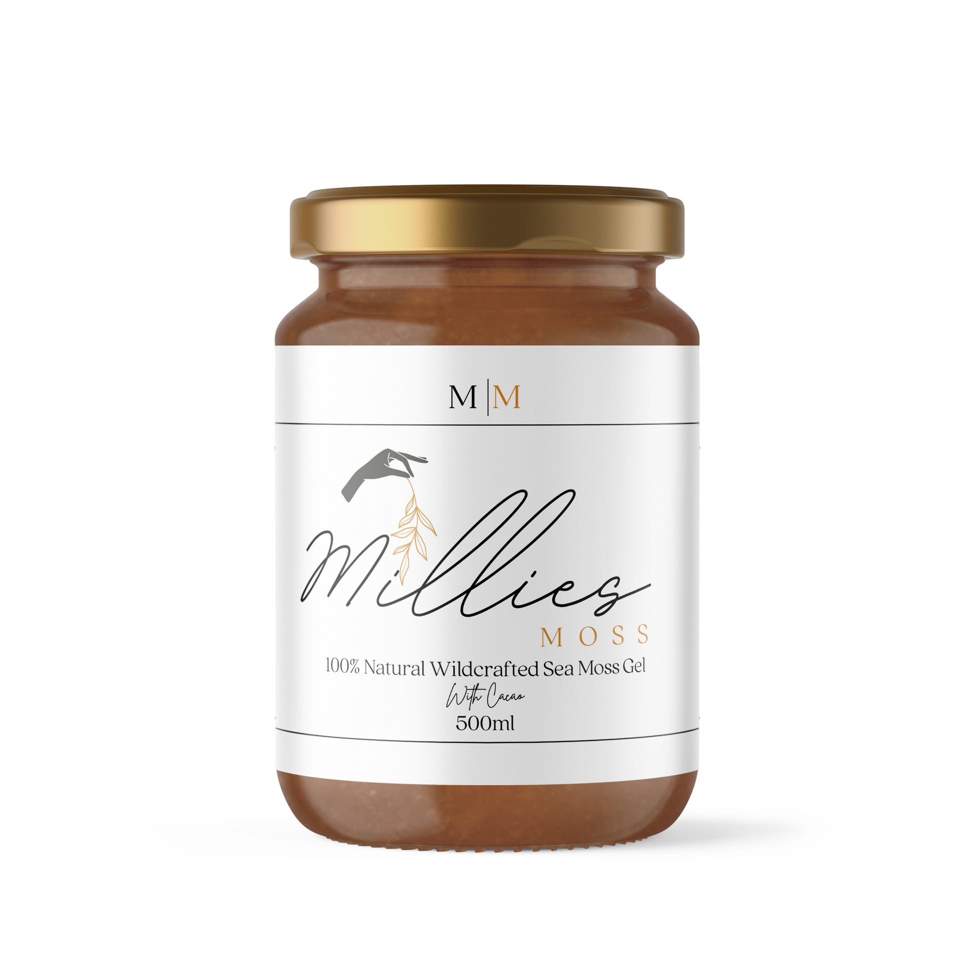 A 500ml jar of Millie's Moss sea moss gel infused with cacao, with a white label that includes the product name and the brand logo. Front view.