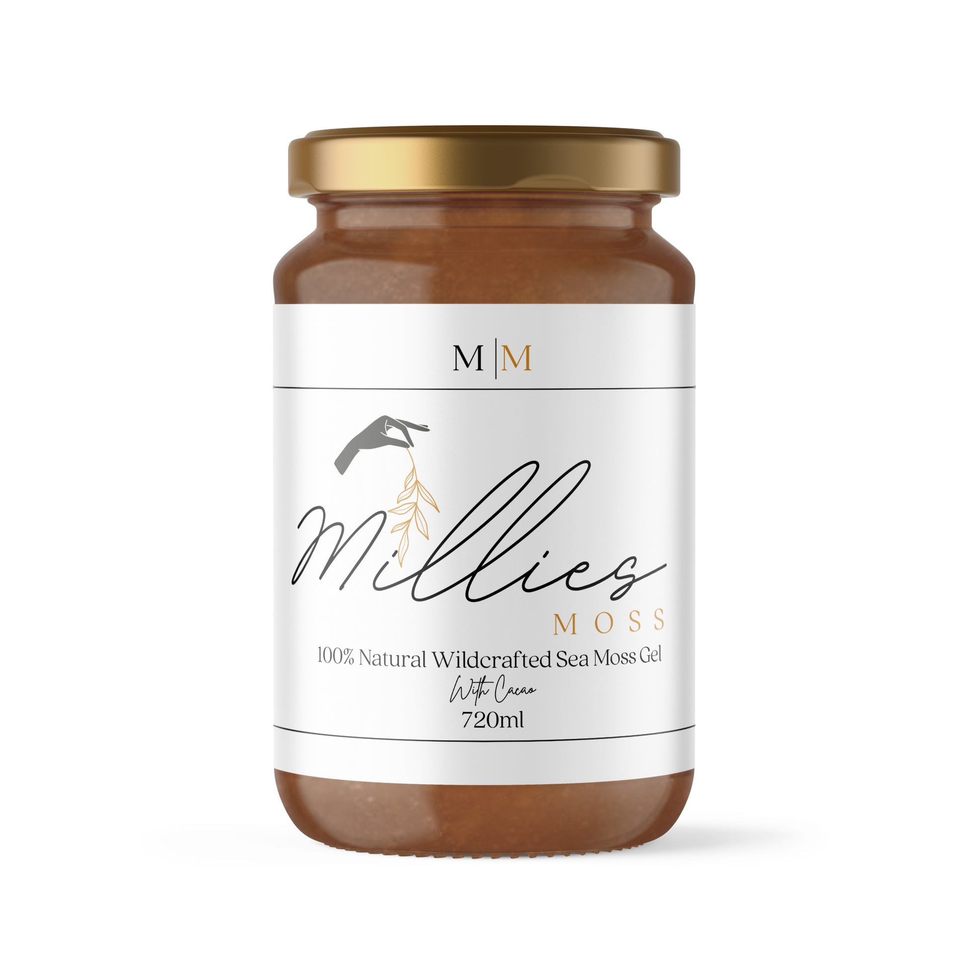A 720ml jar of Millie's Moss sea moss gel infused with cacao, with a white label that includes the product name and the brand logo. Front view.