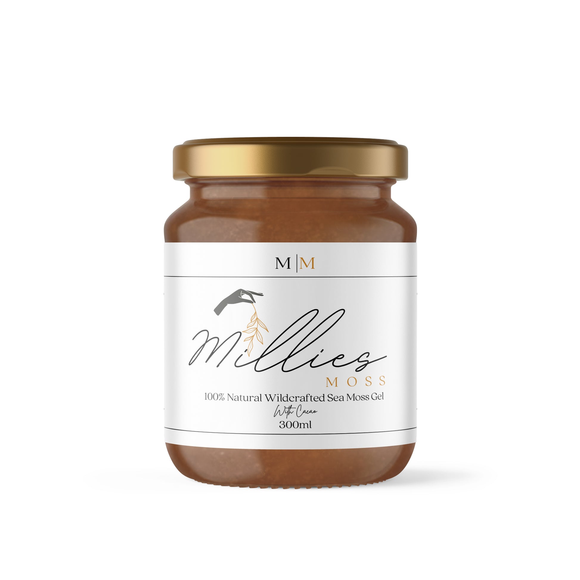 A 300ml jar of Millie's Moss sea moss gel infused with cacao, with a white label that includes the product name and the brand logo. Front view.