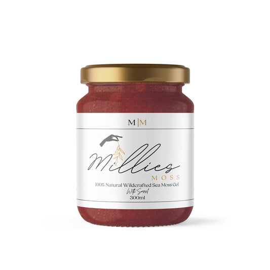 Front view of a 300ml jar of Millie’s Moss Sea Moss Gel infused with sorrel, a vibrant, antioxidant-rich blend for immune support and overall wellness. With a white label and gold lid.