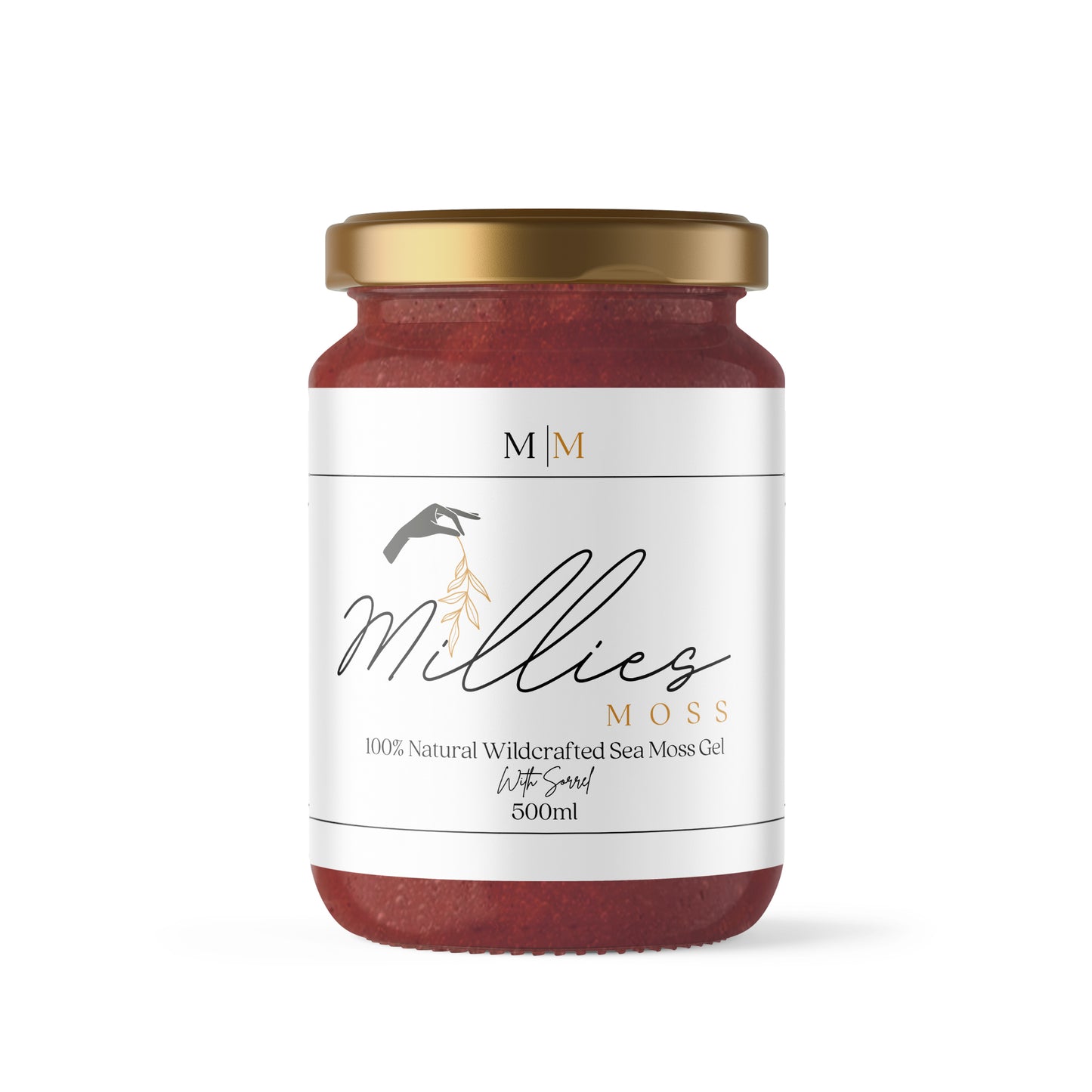 Front view of a 500ml jar of Millie’s Moss Sea Moss Gel infused with sorrel, a vibrant, antioxidant-rich blend for immune support and overall wellness. With a white label and gold lid.