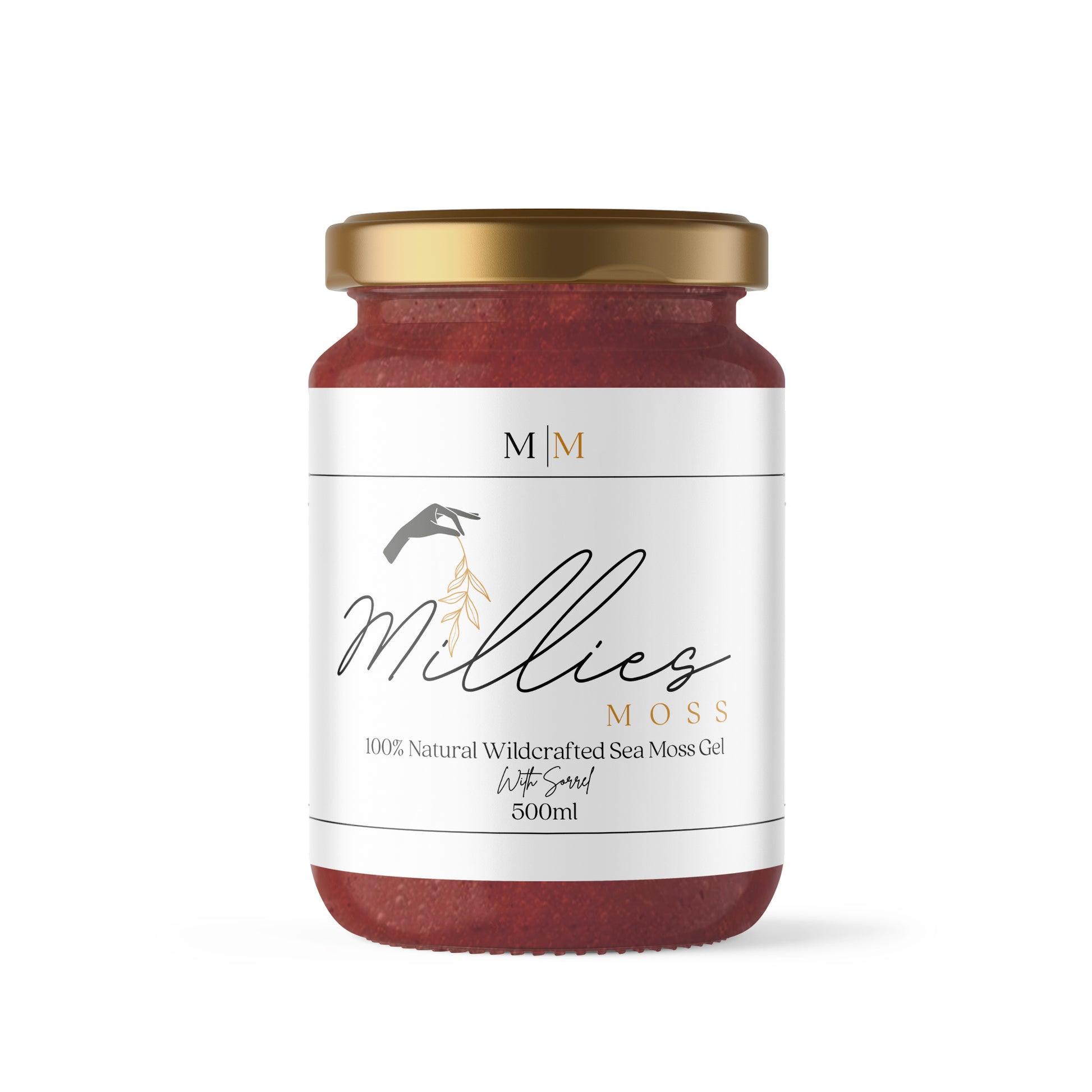 Front view of a 500ml jar of Millie’s Moss Sea Moss Gel infused with sorrel, a vibrant, antioxidant-rich blend for immune support and overall wellness. With a white label and gold lid.