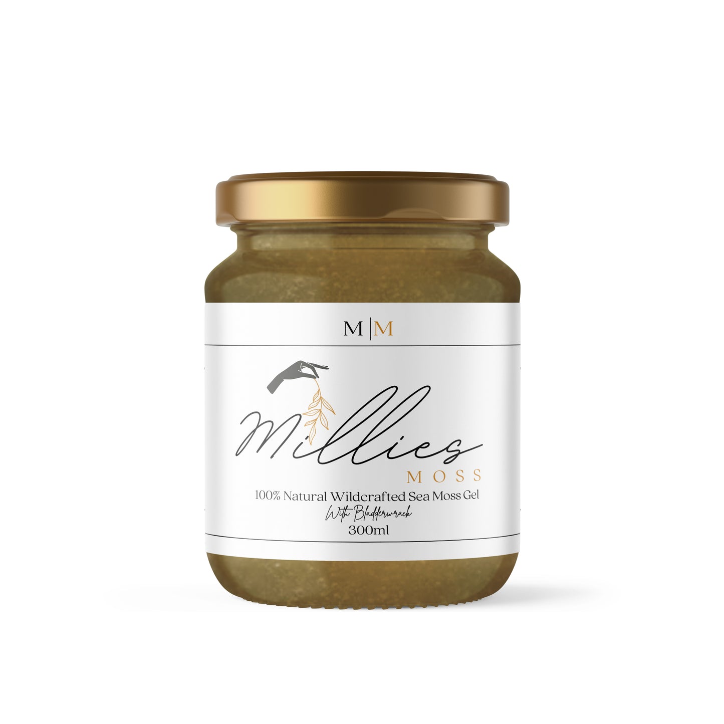 Front view of a 300ml jar of Sea Moss Gel infused with organic bladderwrack, a nutrient-dense blend promoting digestive health, detox, and overall vitality.