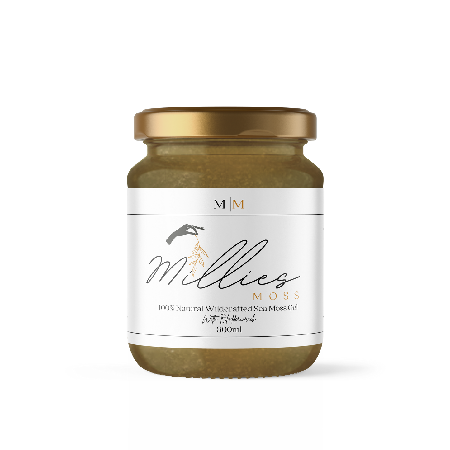 Front view of a 300ml jar of Sea Moss Gel infused with organic bladderwrack, a nutrient-dense blend promoting digestive health, detox, and overall vitality.
