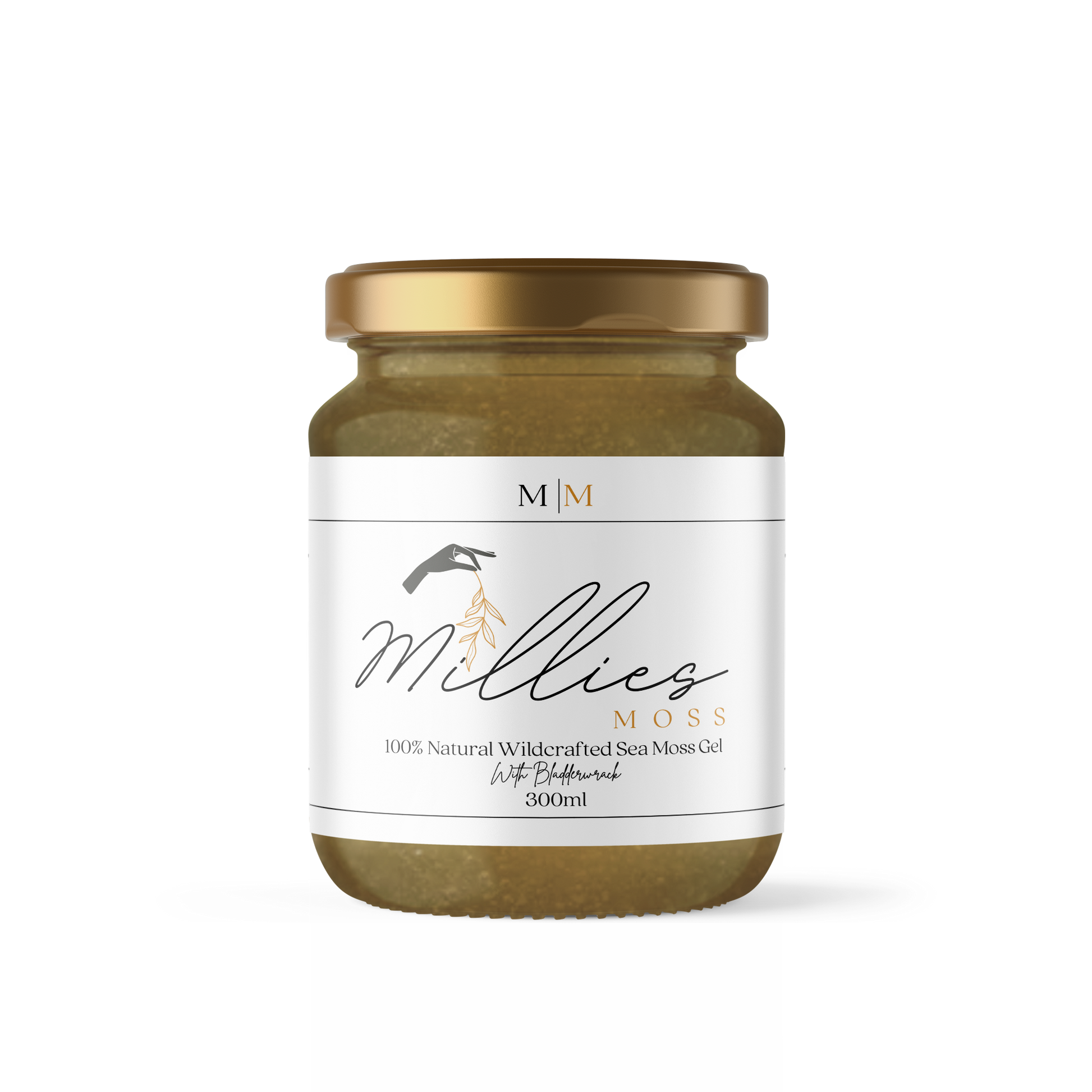 Front view of a 300ml jar of Sea Moss Gel infused with organic bladderwrack, a nutrient-dense blend promoting digestive health, detox, and overall vitality.