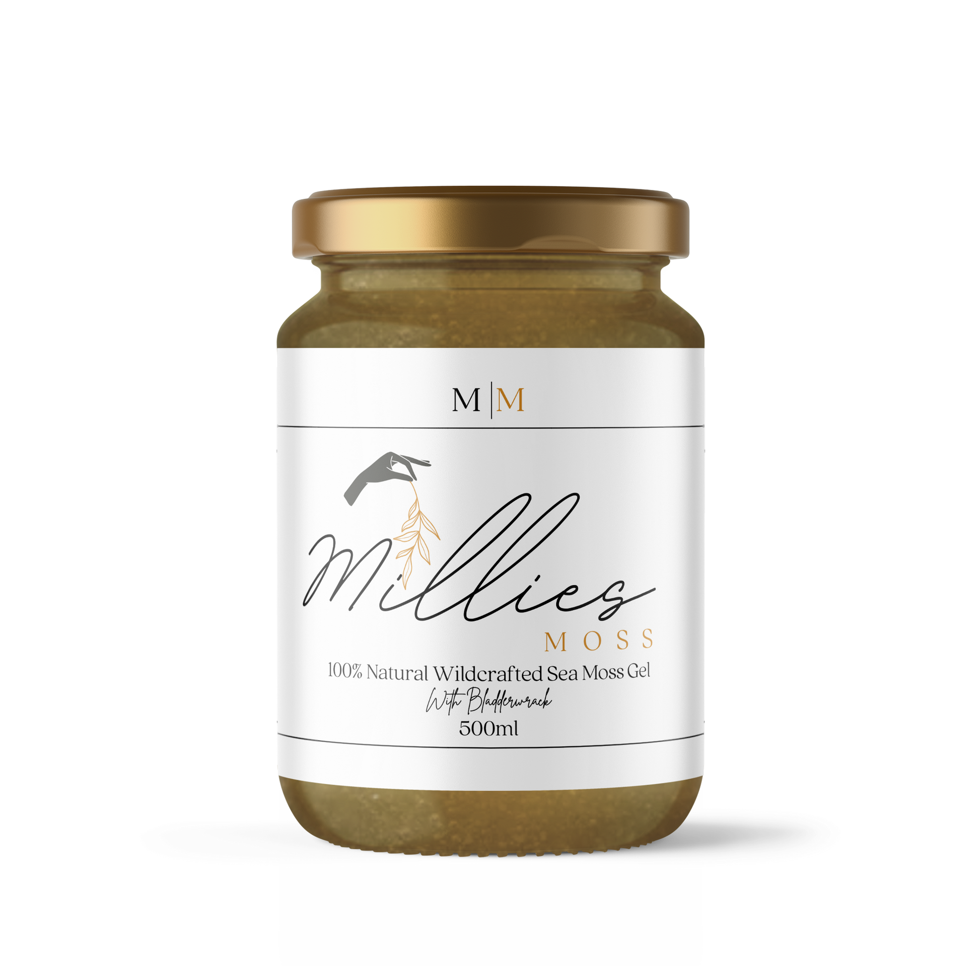 Front view of a 500ml jar of Sea Moss Gel infused with organic bladderwrack, a nutrient-dense blend promoting digestive health, detox, and overall vitality.