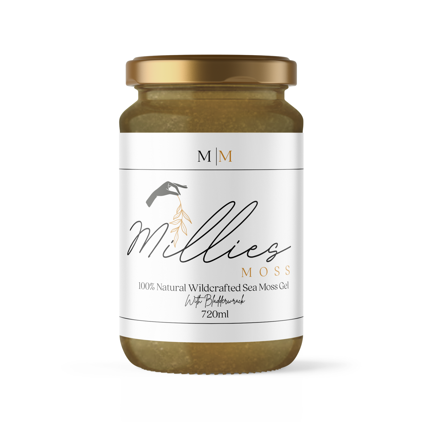 Front view of a 720ml jar of Sea Moss Gel infused with organic bladderwrack, a nutrient-dense blend promoting digestive health, detox, and overall vitality.