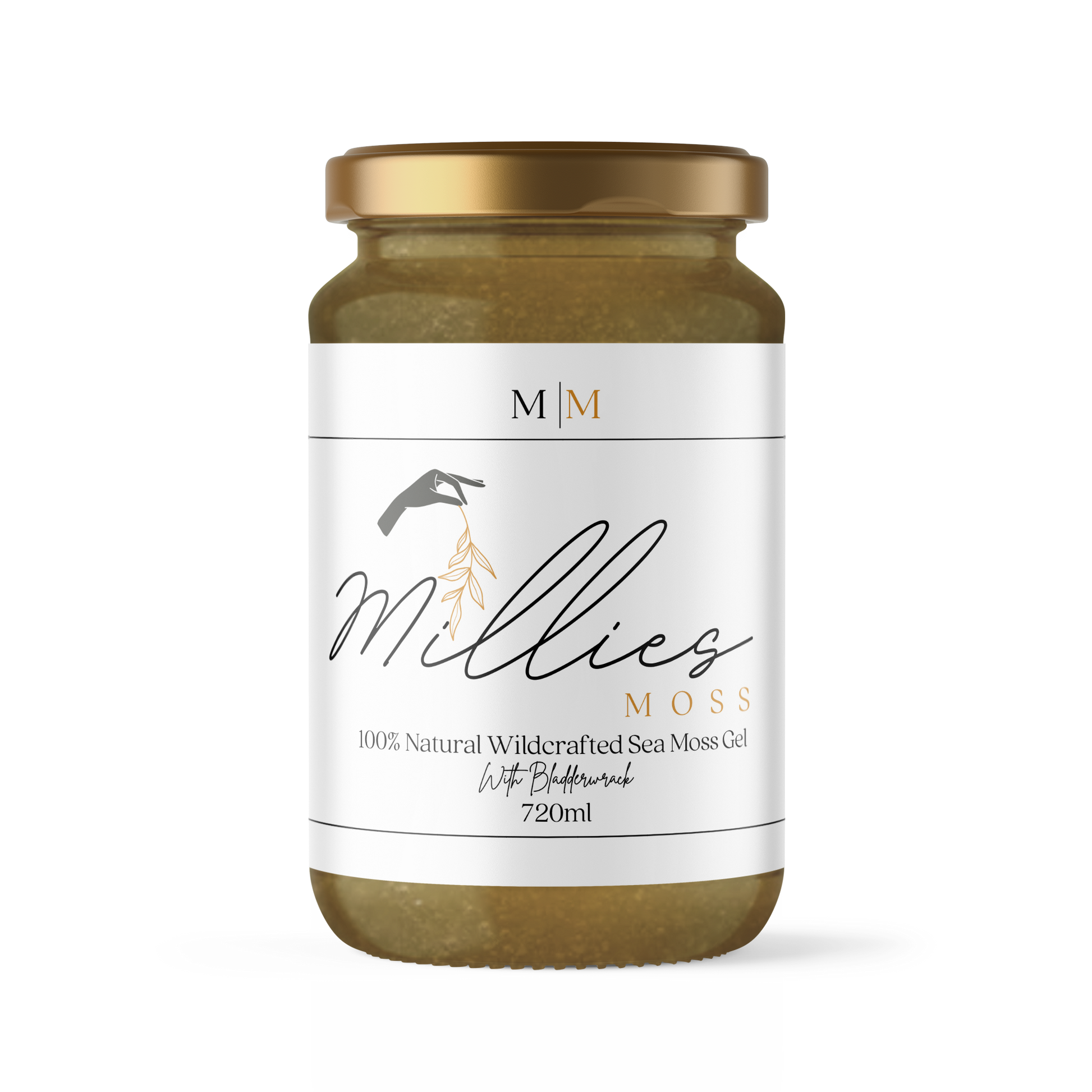 Front view of a 720ml jar of Sea Moss Gel infused with organic bladderwrack, a nutrient-dense blend promoting digestive health, detox, and overall vitality.