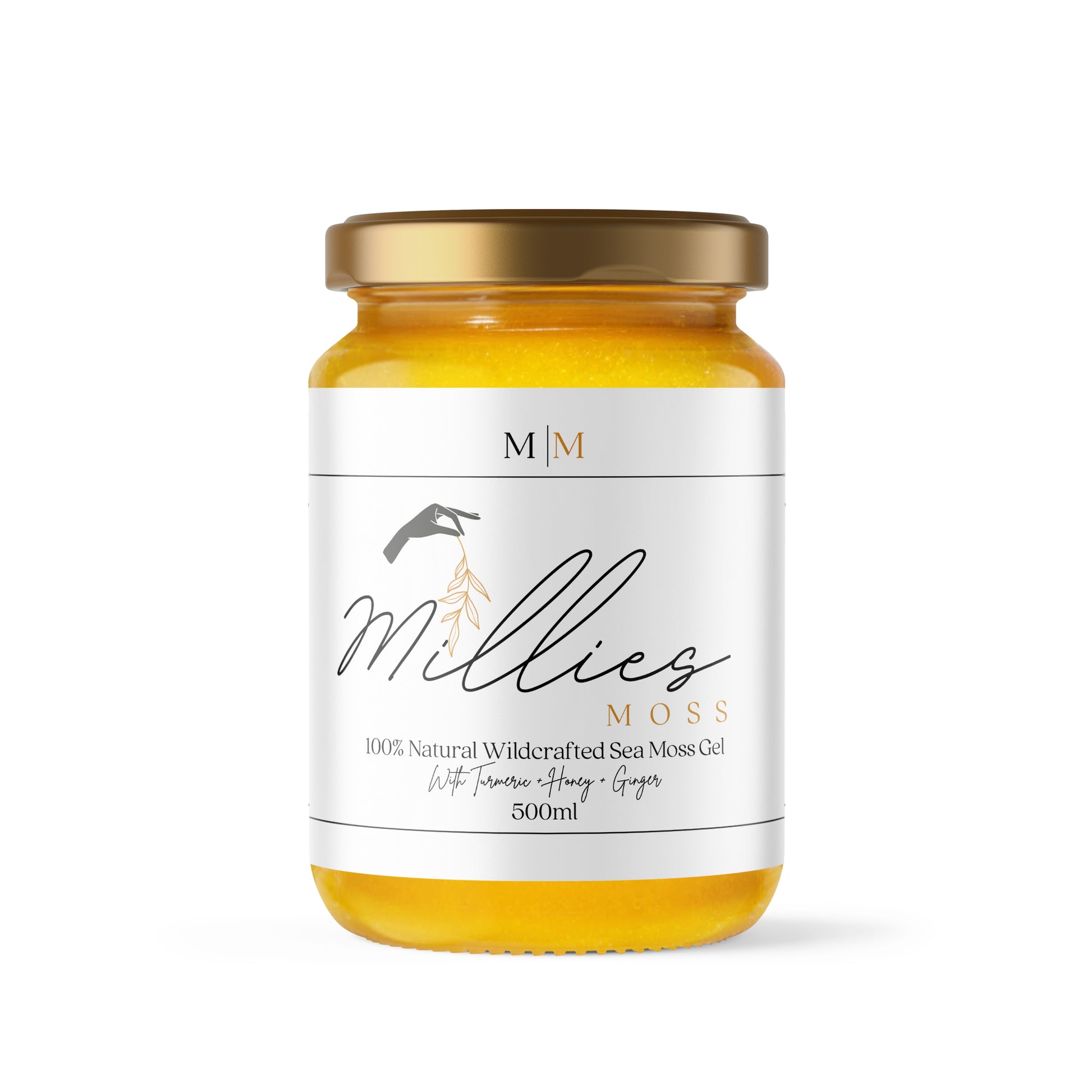 A jar of sea moss gel infused with turmeric, manuka honey, and ginger, labeled 'Millie's Moss'. Front view of a 500ml jar a nutrient-rich natural supplement for immunity and skin health
