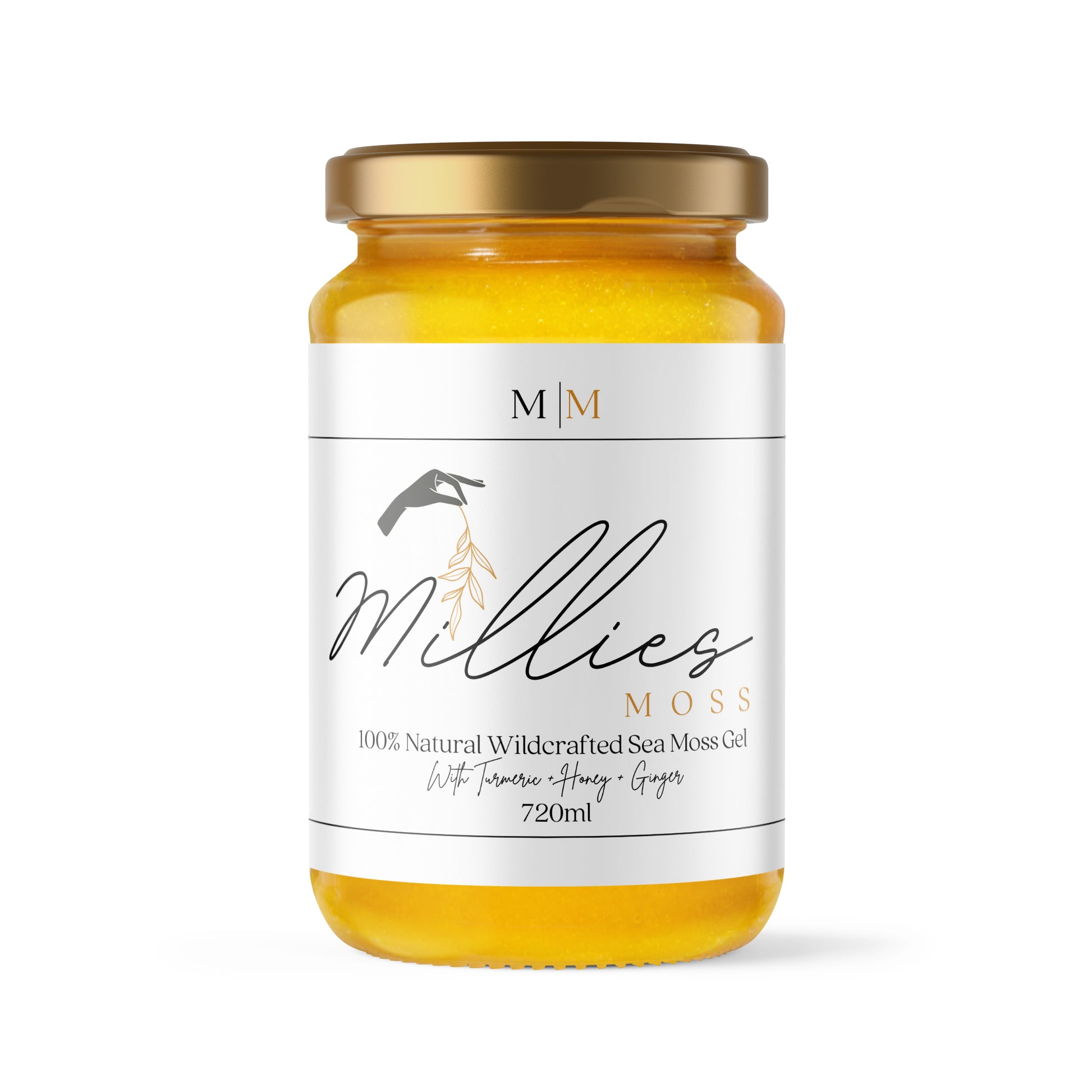 A jar of sea moss gel infused with turmeric, manuka honey, and ginger, labeled 'Millie's Moss'. Front view of a 720ml jar a nutrient-rich natural supplement for immunity and skin health