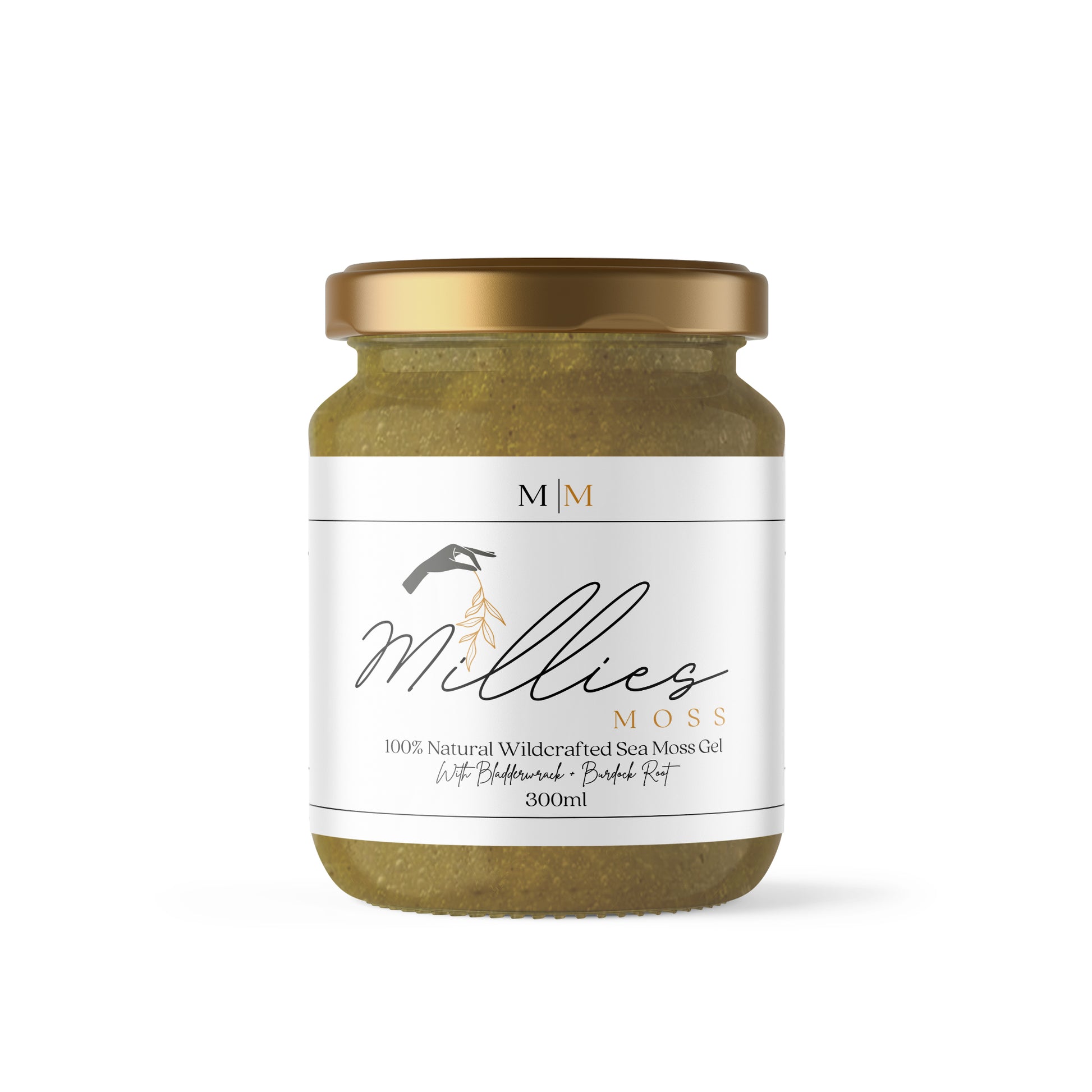 Millie’s Moss 300ml Sea Moss Gel with bladderwrack and burdock root — a nourishing blend to boost energy, detoxify, and promote overall health. Front view 