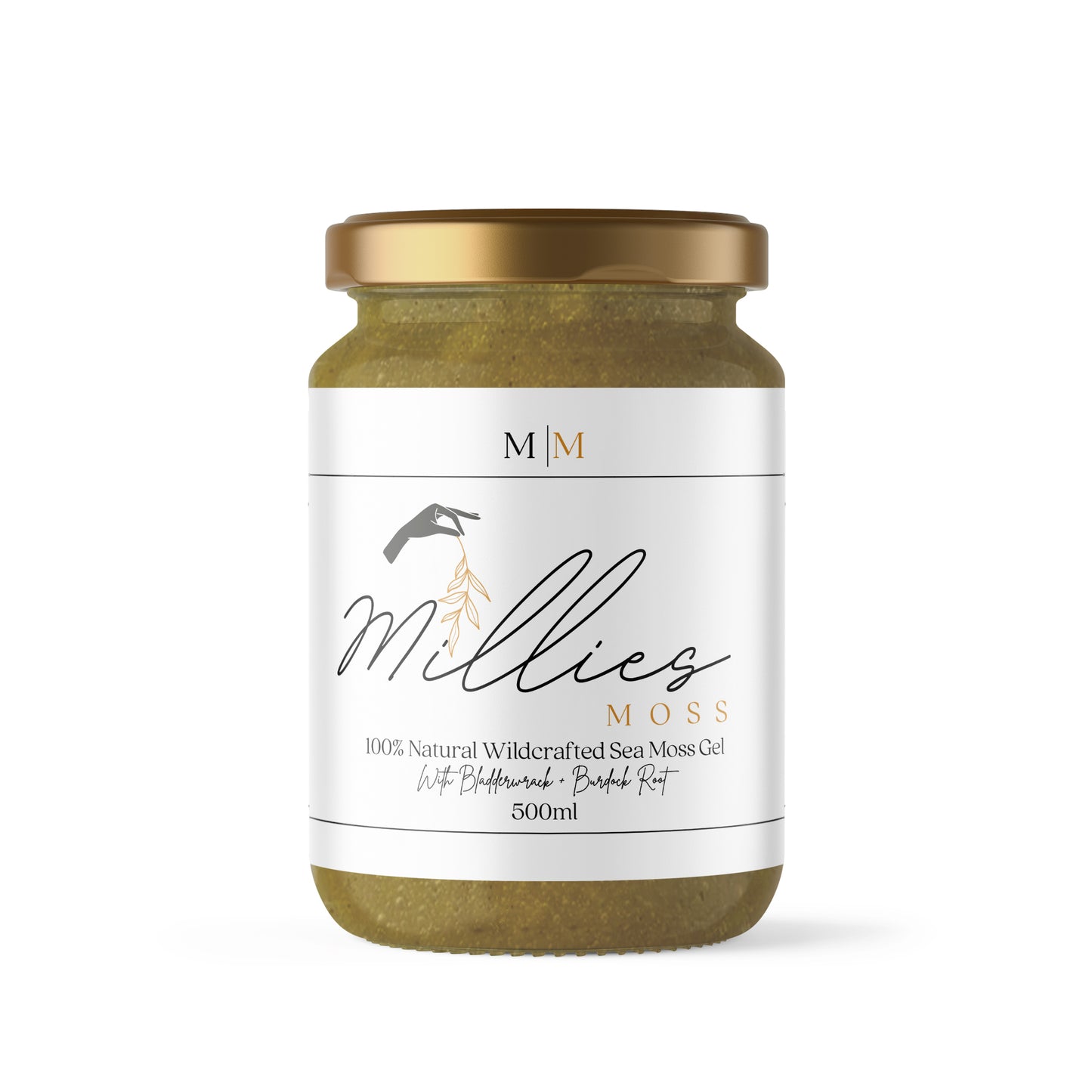 Millie’s Moss 500ml Sea Moss Gel with bladderwrack and burdock root — a nourishing blend to boost energy, detoxify, and promote overall health.