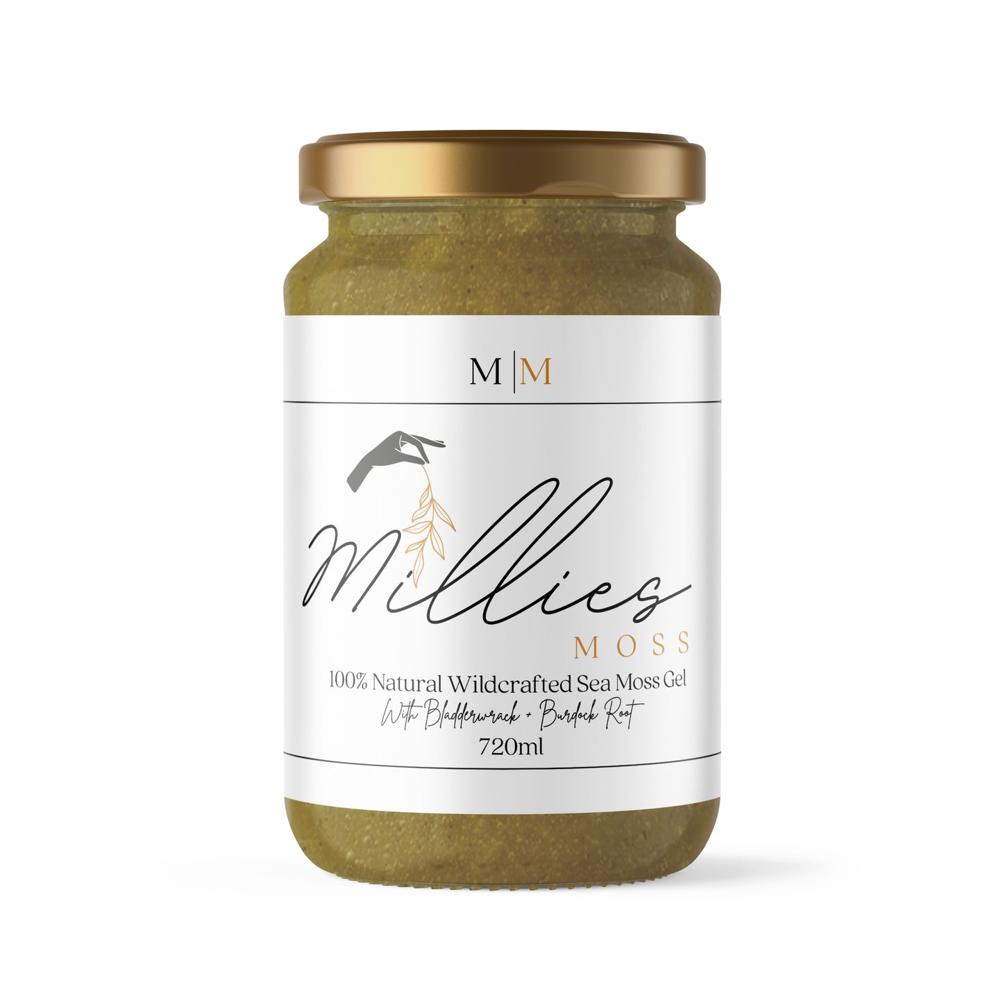 Millie’s Moss 720ml Sea Moss Gel with bladderwrack and burdock root — a nourishing blend to boost energy, detoxify, and promote overall health. Front view