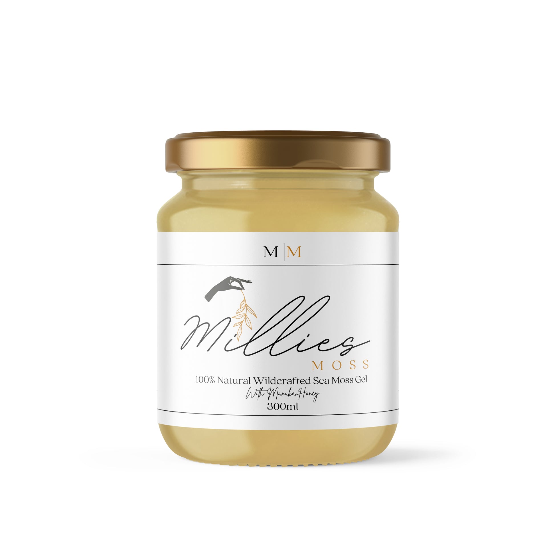 A 300ml jar of Millies Moss sea moss gel infused with Manuka honey, with a white label on the front. Front facing view