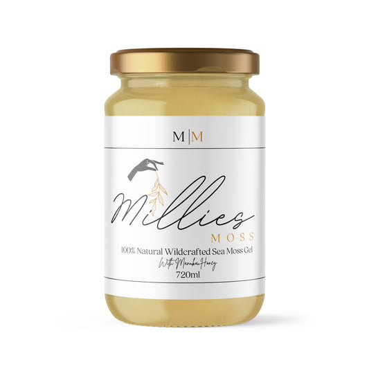 A 720ml jar of Millies Moss sea moss gel infused with Manuka honey, with a white label on the front.