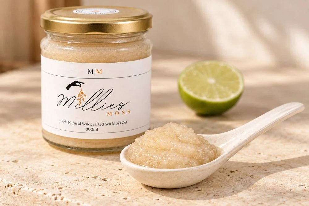 Millie’s Moss Golden Sea Moss Gel jar beside lime and a spoonful of gel