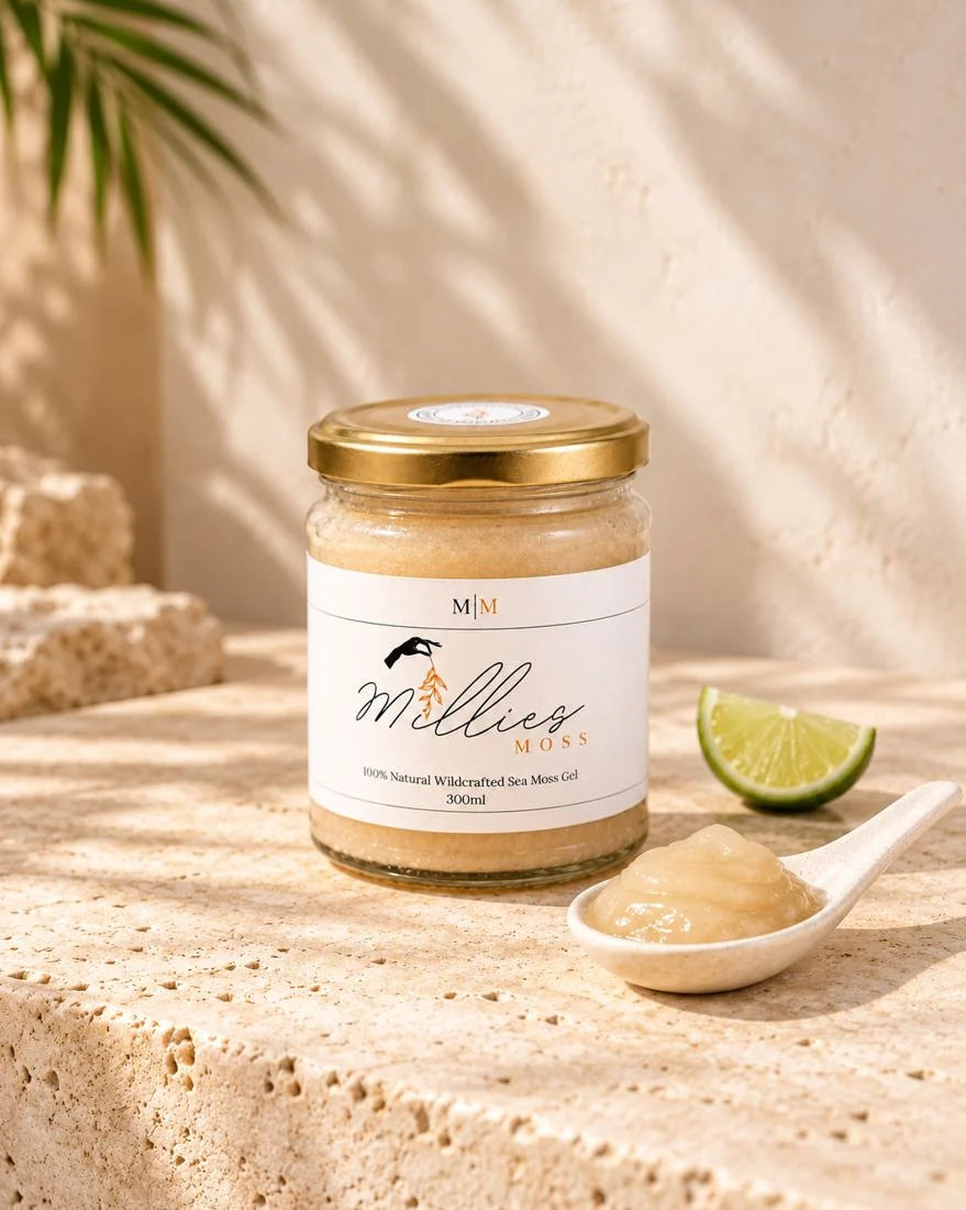 A full Millie’s Moss Golden Sea Moss Gel jar with a smooth spoonful of gel and lime